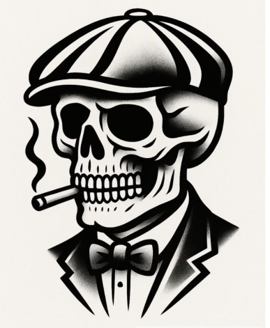 Original Warborn Crew skull mascot in a flat cap, suit and bow tie