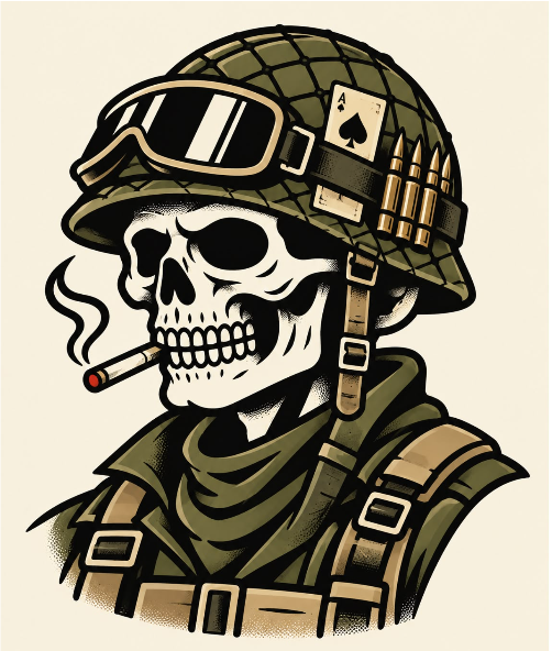 Warborn Crew skull mascot with olive helmet, goggles and ace of spades