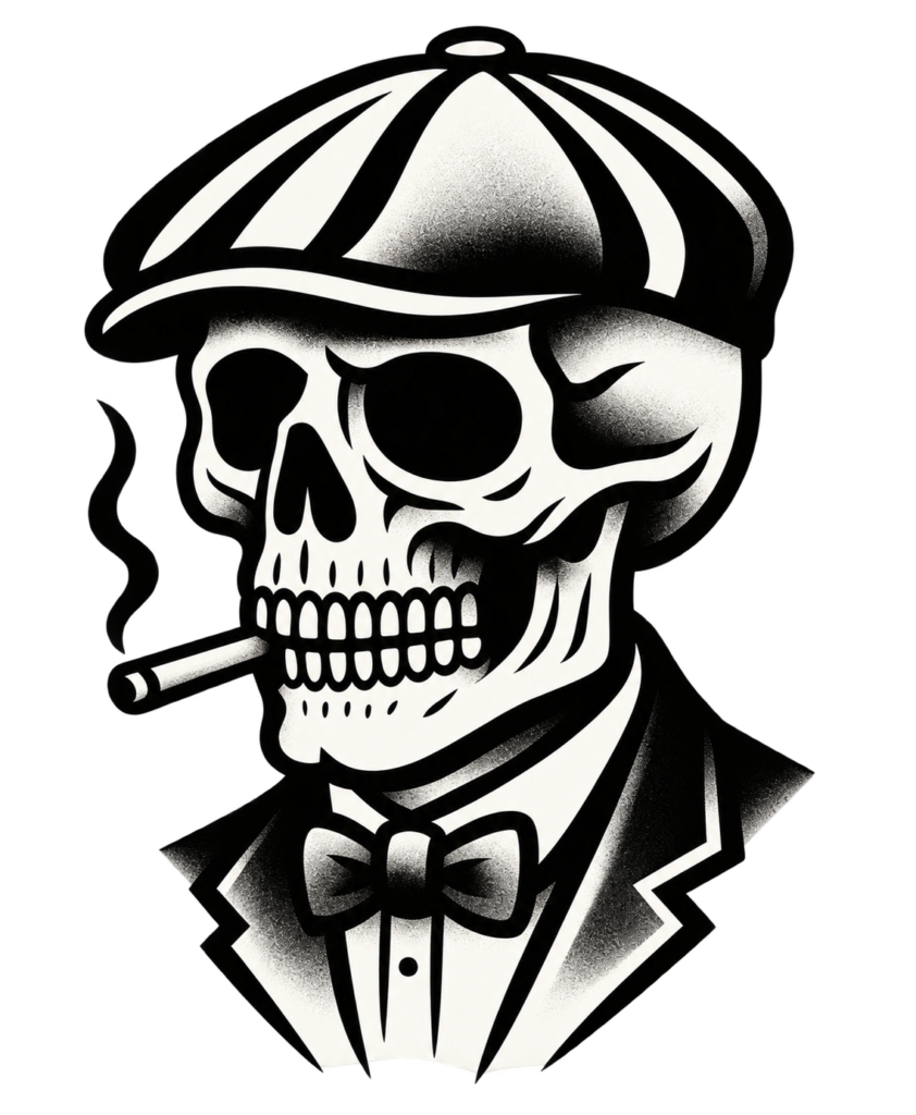 Warborn Crew skull in flat cap and suit with transparent background
